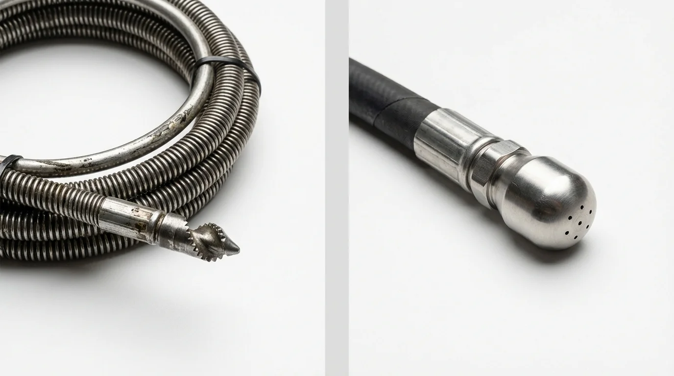Drain snake cable and hydro jetting nozzle used for drain cleaning in New Castle, KY