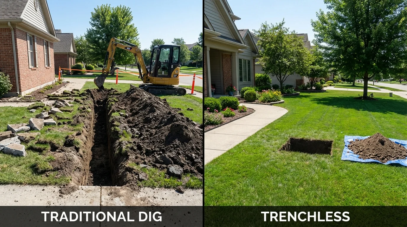 Trenchless sewer repair with minimal yard damage versus traditional excavation in New Castle, KY