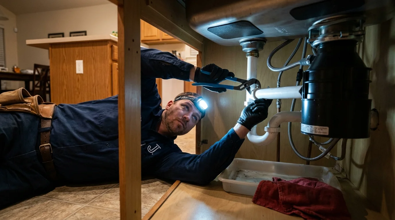 P-trap and supply line connections under a kitchen sink showing a common leak point in New Castle, KY